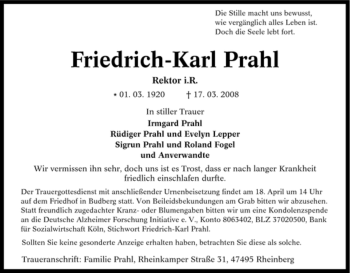 Traueranzeige von Friedrich-Karl Prahl von Tageszeitung