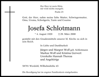 Traueranzeige von Josefa Schlotmann von Tageszeitung