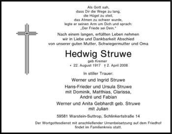 Traueranzeige von Hedwig Struwe von Tageszeitung