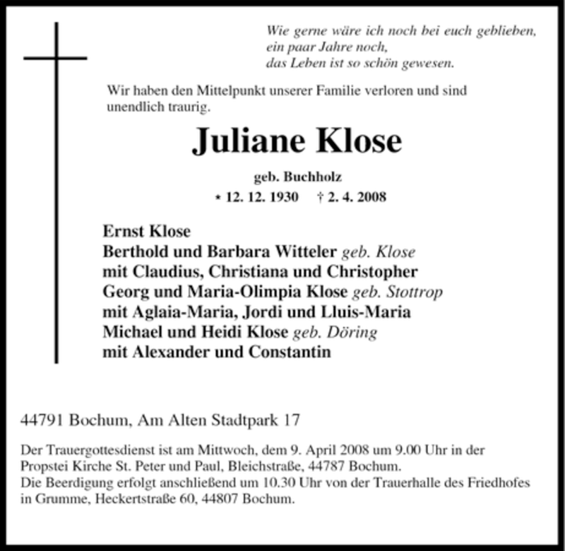  Traueranzeige für Juliane Klose vom 05.04.2008 aus Tageszeitung