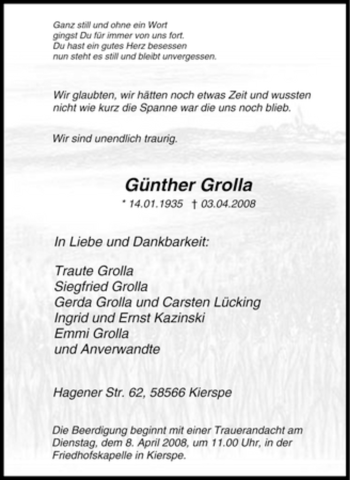 Traueranzeige von Günther Grolla von Tageszeitung