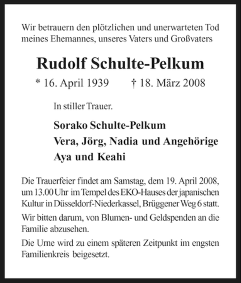  Traueranzeige für Rudolf Schulte-Pelkum vom 05.04.2008 aus Tageszeitung