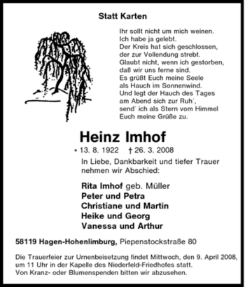 Traueranzeige von Heinz Imhof von Tageszeitung