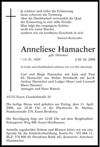 Traueranzeige von Anneliese Hamacher von Tageszeitung