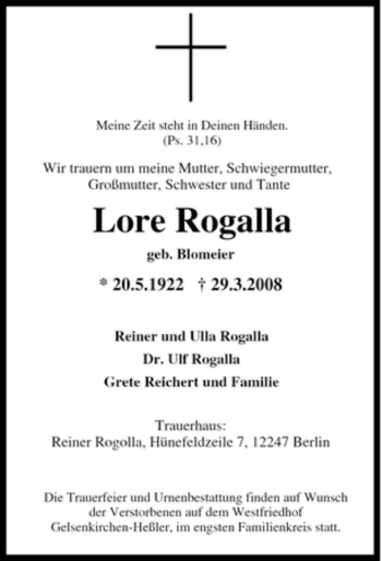 Traueranzeige von Lore Rogalla von Tageszeitung