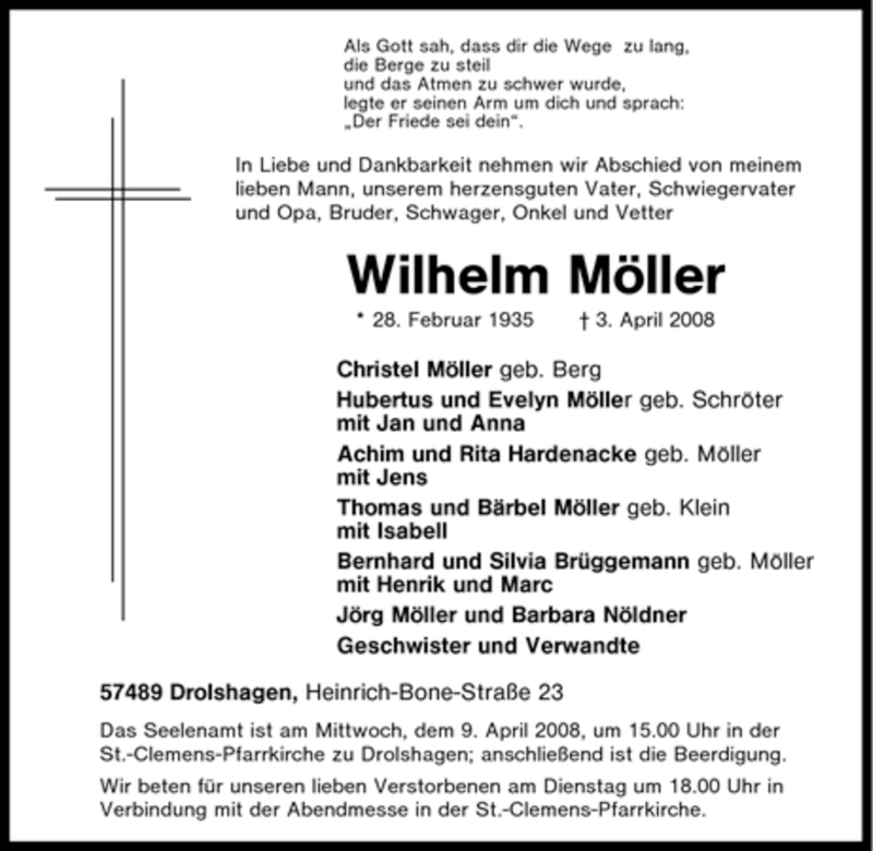  Traueranzeige für Wilhelm Möller vom 05.04.2008 aus Tageszeitung