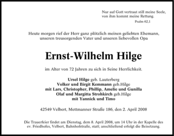 Traueranzeige von Ernst-Wilhelm Hilge von Tageszeitung