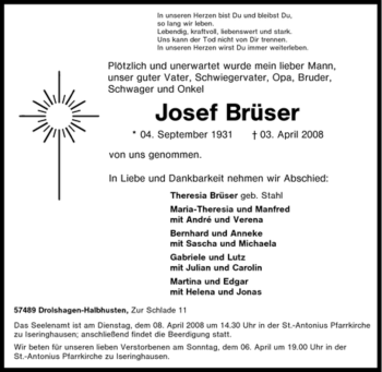 Traueranzeige von Josef Brüser von Tageszeitung