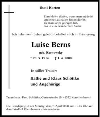 Traueranzeige von Luise Berns von Tageszeitung