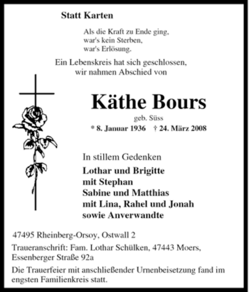 Traueranzeige von Käthe Bours von Tageszeitung