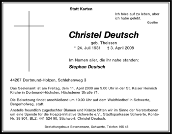 Traueranzeige von Christel Deutsch von Tageszeitung