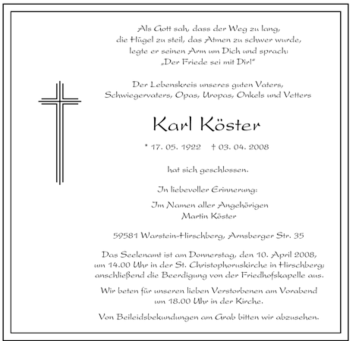 Traueranzeige von Karl Köster von Tageszeitung