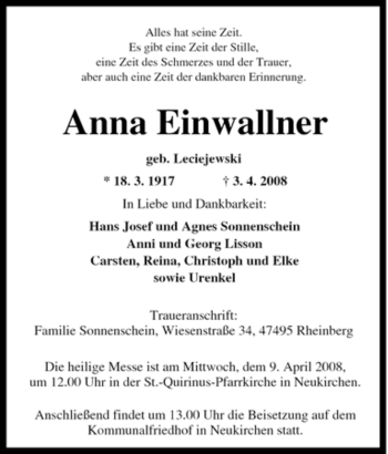 Traueranzeige von Anna Einwallner von Tageszeitung
