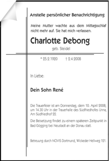 Traueranzeige von Charlotte Debong von Tageszeitung