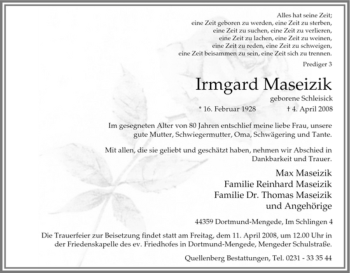 Traueranzeige von Irmgard Maseizik von Tageszeitung