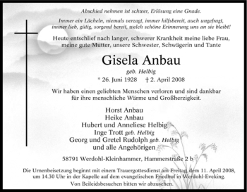 Traueranzeige von Gisela Anbau von Tageszeitung