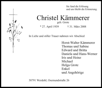 Traueranzeige von Christel Kämmerer von Tageszeitung
