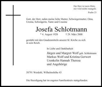 Traueranzeige von Josefa Schlotmann von Tageszeitung