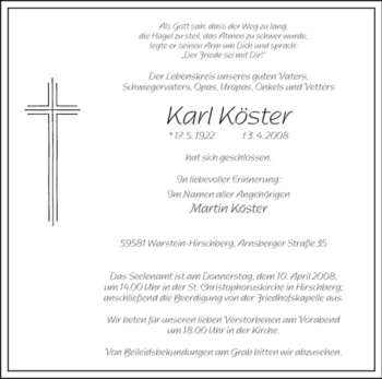 Traueranzeige von Karl Köster von Tageszeitung