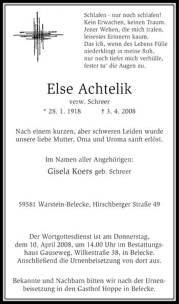 Traueranzeige von Else Achtelik von Tageszeitung