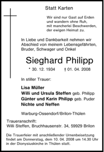 Traueranzeige von Sieghard Philipp von Tageszeitung
