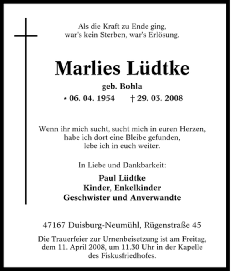  Traueranzeige für Marlies Lüdtke vom 07.04.2008 aus Tageszeitung