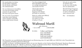 Traueranzeige von Waltraud Mariß von Tageszeitung