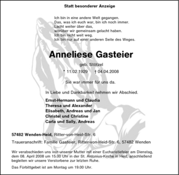 Traueranzeige von Anneliese Gasteier von Tageszeitung