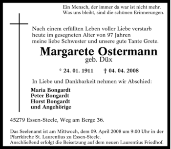 Traueranzeige von Margarete Ostermann von Tageszeitung