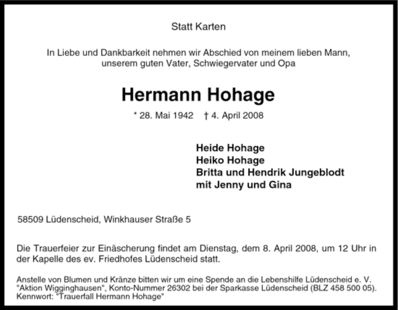  Traueranzeige für Hermann Hohage vom 07.04.2008 aus Tageszeitung