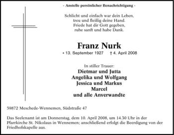 Traueranzeige von Franz Nurk von Tageszeitung