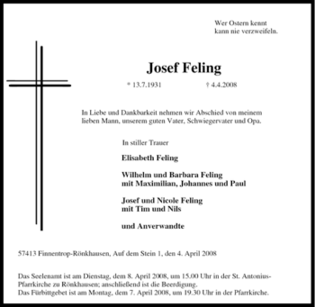 Traueranzeige von Josef Feling von Tageszeitung
