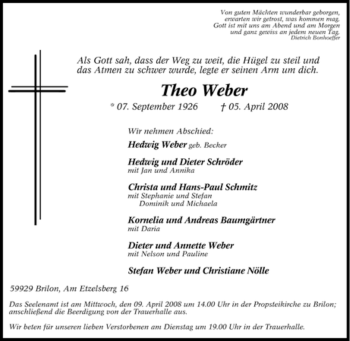 Traueranzeige von Theo Weber von Tageszeitung