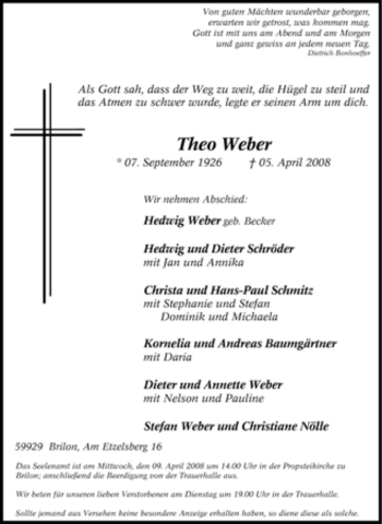 Traueranzeige von Theo Weber von Tageszeitung