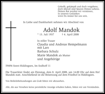 Traueranzeige von Adolf Mandok von Tageszeitung