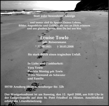 Traueranzeige von Louise Towle von Tageszeitung