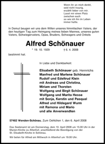 Traueranzeige von Alfred Schönauer von Tageszeitung