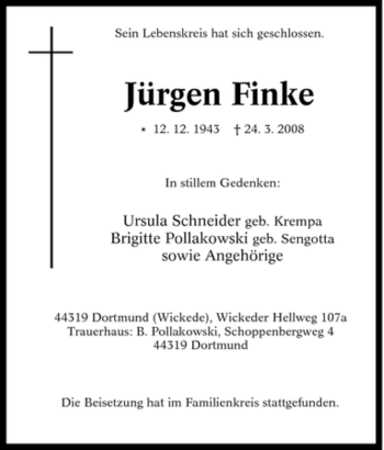 Traueranzeige von Jürgen Finke von Tageszeitung