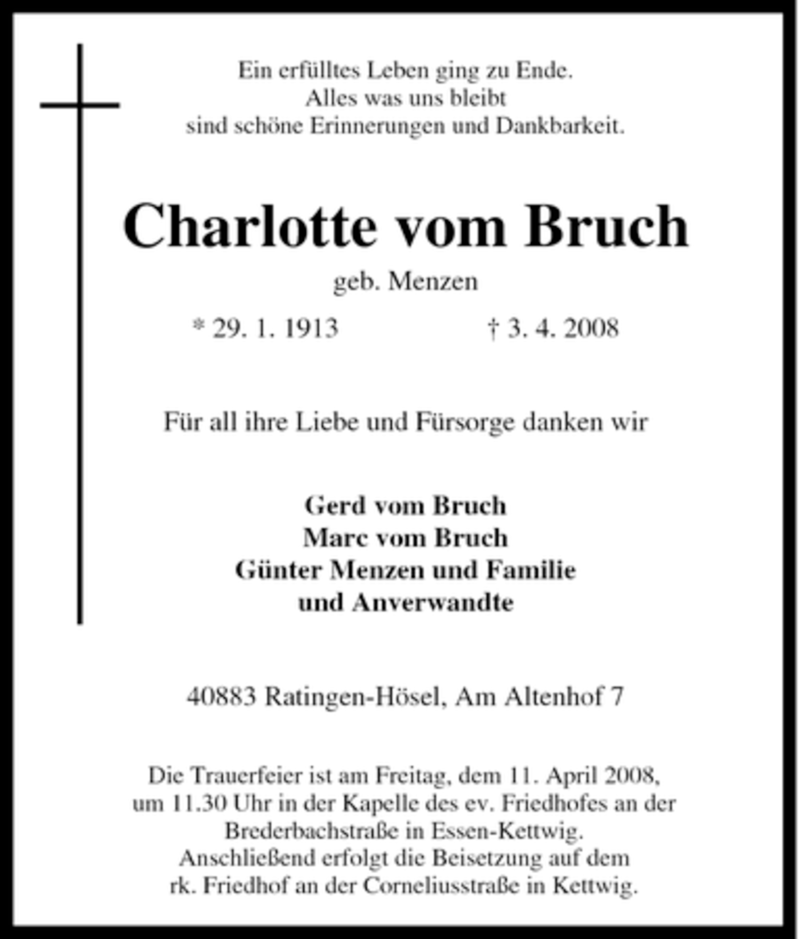  Traueranzeige für Charlotte vom Bruch vom 08.04.2008 aus Tageszeitung