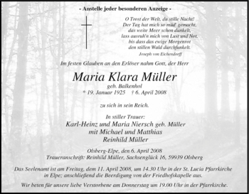 Traueranzeige von Maria Klara Müller von Tageszeitung