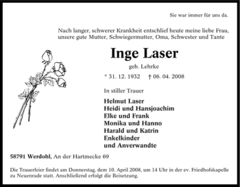 Traueranzeige von Inge Laser von Tageszeitung