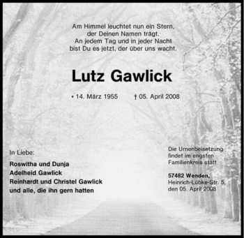 Traueranzeige von Lutz Gawlick von Tageszeitung