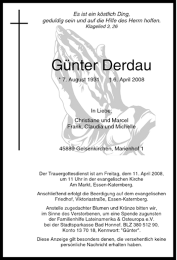 Traueranzeige von Günter Derdau von Tageszeitung