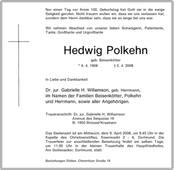 Traueranzeige von Hedwig Polkehn von Tageszeitung