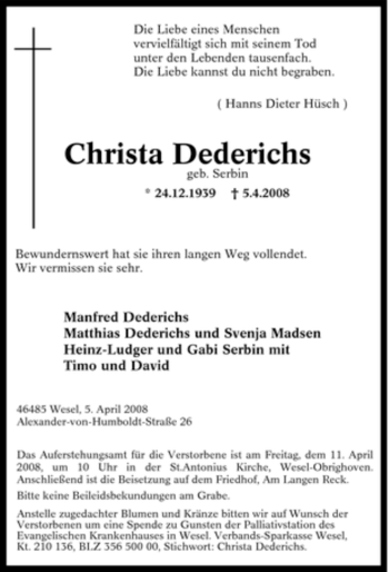Traueranzeige von Christa Dederichs von Tageszeitung