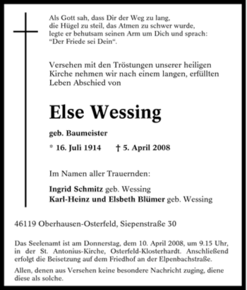 Traueranzeige von Else Wessing von Tageszeitung