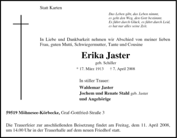 Traueranzeige von Erika Jaster von Tageszeitung