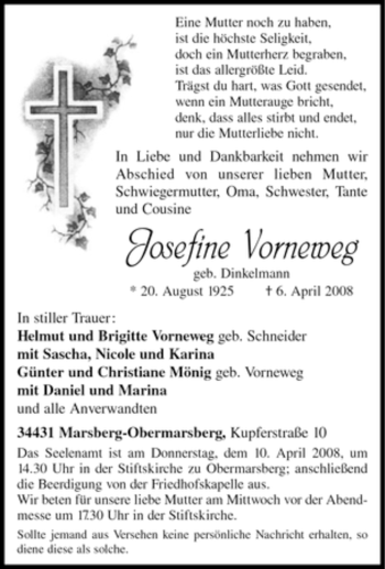 Traueranzeige von Josefine Vorneweg von Tageszeitung