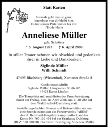 Traueranzeige von Anneliese Müller von Tageszeitung