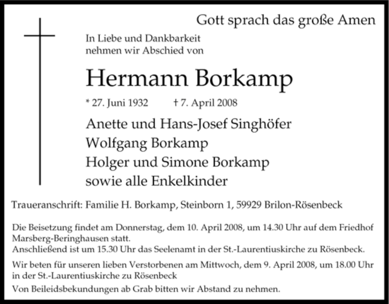  Traueranzeige für Hermann Borkamp vom 08.04.2008 aus Tageszeitung